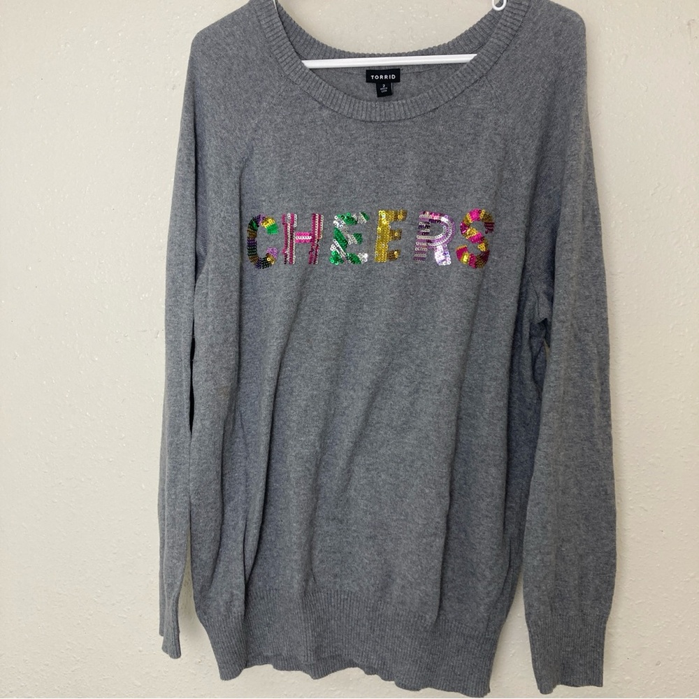 TORRID HEATHER GRAY "CHEERS" SEQUIN CREW HOLIDAY SWEATER  SIZE 2